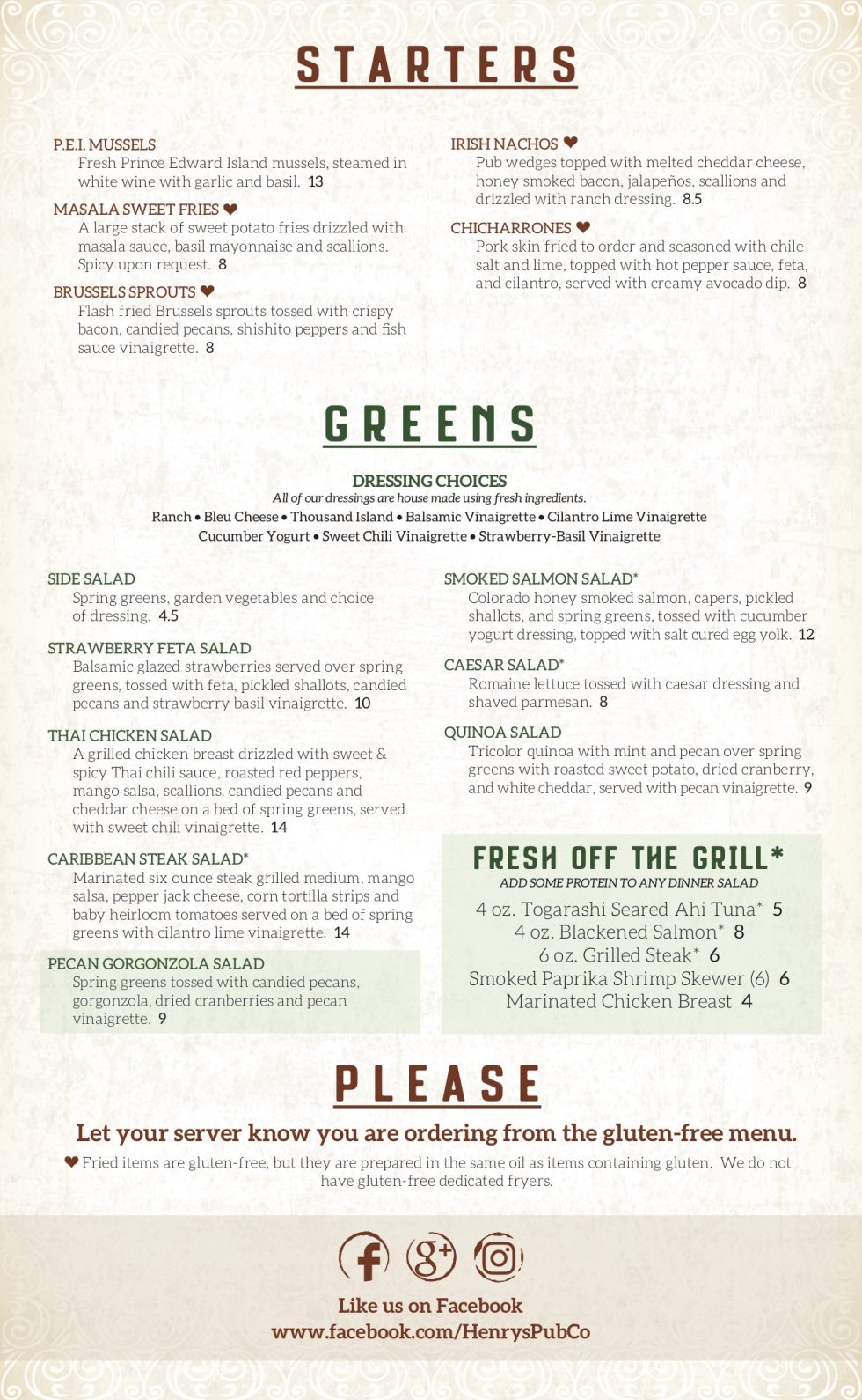 Gluten Free Menu Henry's Pub